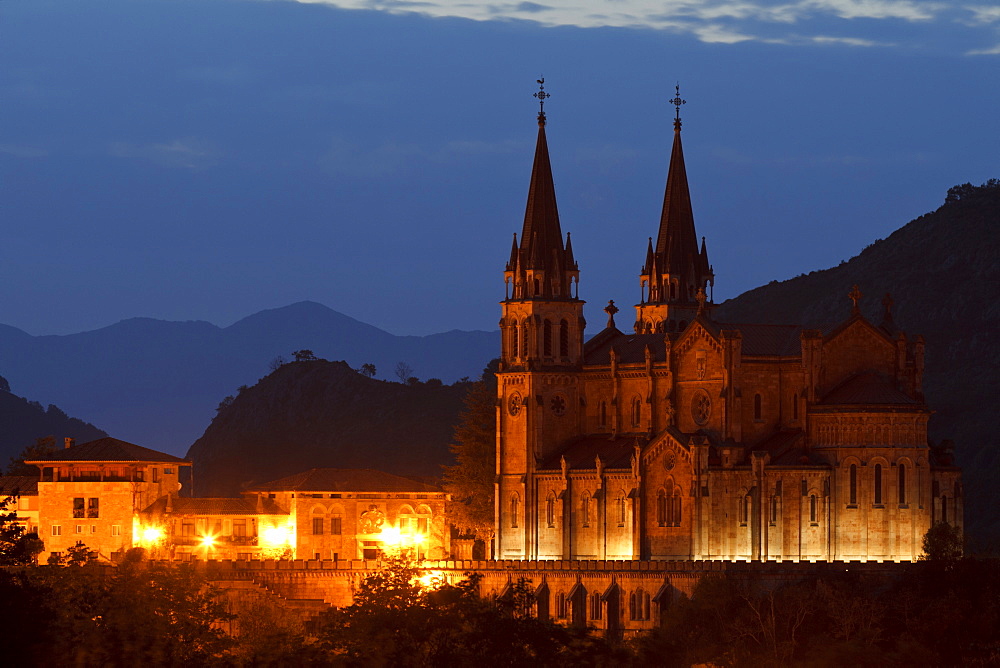 Basilica de Santa Maria la Real in the evening, Basilica from 19th. century, Covadonga, Picos de Europa, province of Asturias, Principality of Asturias, Northern Spain, Spain, Europe