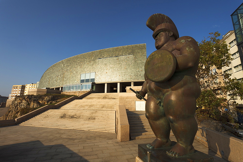 Bronzes statue Roman warrior by Fernando Botero, artist, sculptor, Museo Domus, Casa del Hombre, House of the Humans back, architect Arata Isozaki, La Coruna, A Coruna, Camino Ingles, Camino de Santiago, Pilgerweg, province of La Coruna, Galicien, Nordspanien, Spanien, Europa