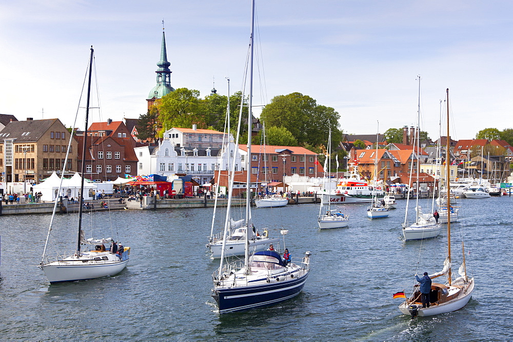 Sailing boats at harbour, Kappeln, Schlei fjord, Baltic Sea, Schleswig-Holstein, Germany, Europe