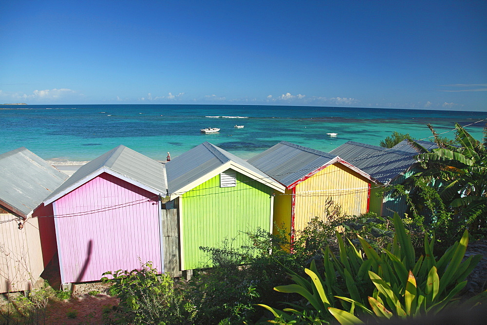 Colourful beach huts on the beach, Atlantic Coast, Antigua, West Indies, Caribbean, Central America, America