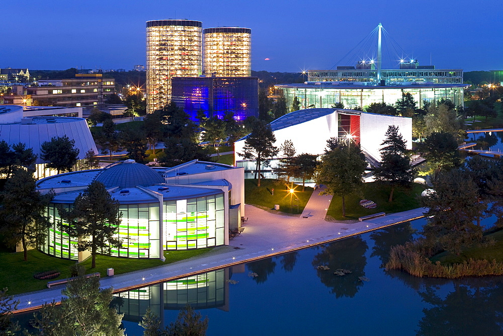 View upon Autostadt in the evening, Wolfsburg, Lower Saxony, Germany, Europe