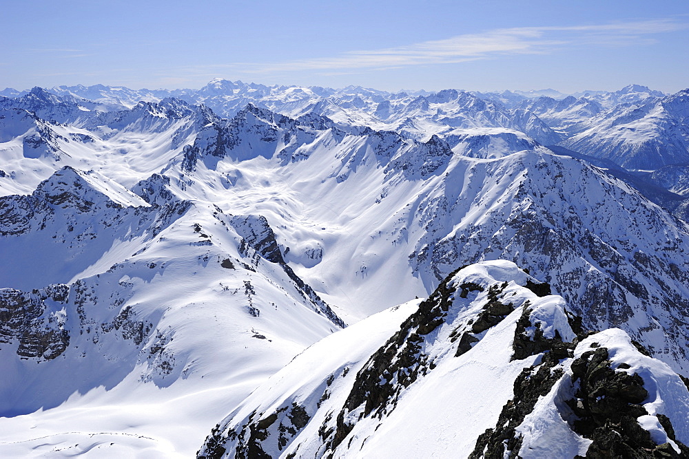 View towards the mountains of the Swiss National Park with Piz Laschadurella and Ortler range, Swiss National Park, Engadin, Grisons, Switzerland