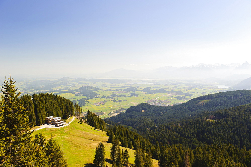 View of BergeLodge and Allgaeu alps, Alpspitze, Allgaeu, Bavaria, Germany, Europe