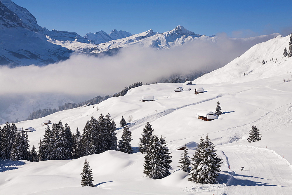 Deep snow at some alpine stables and huts above Grindelwald, Jungfrauregion, Bernese Oberland, Canton Bern, Switzerland, Europe