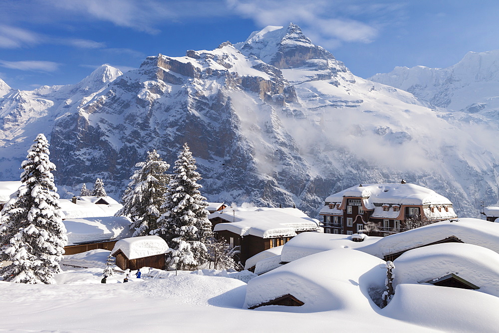 Deep Winter at Muerren, view to Moench, Silberhorn and Jungfrau, Muerren-Schilthorn skiing area, Lauterbrunnental, Jungfrauregion, Bernese Oberland, Canton Bern, Switzerland, Europe