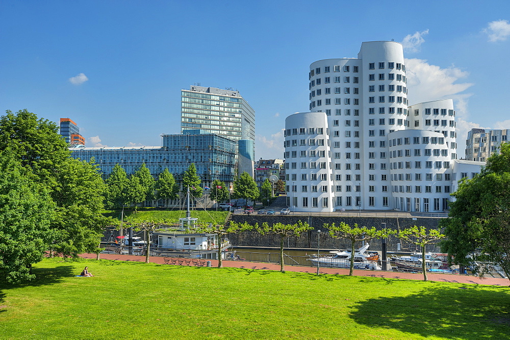 View at the Neuer Zollhof with Gehry buildings, Media harbour, Dusseldorf, Northrhine-Westphalia, Germany, Europe