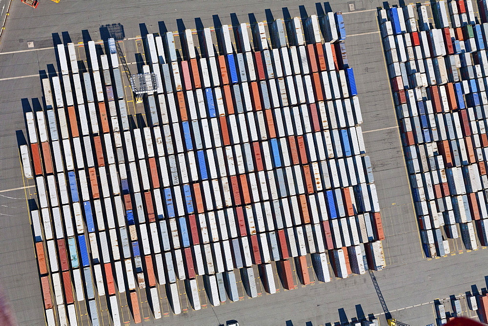 Aerial view of shipping containers in Bremerhaven port, Bremen, Northern Germany