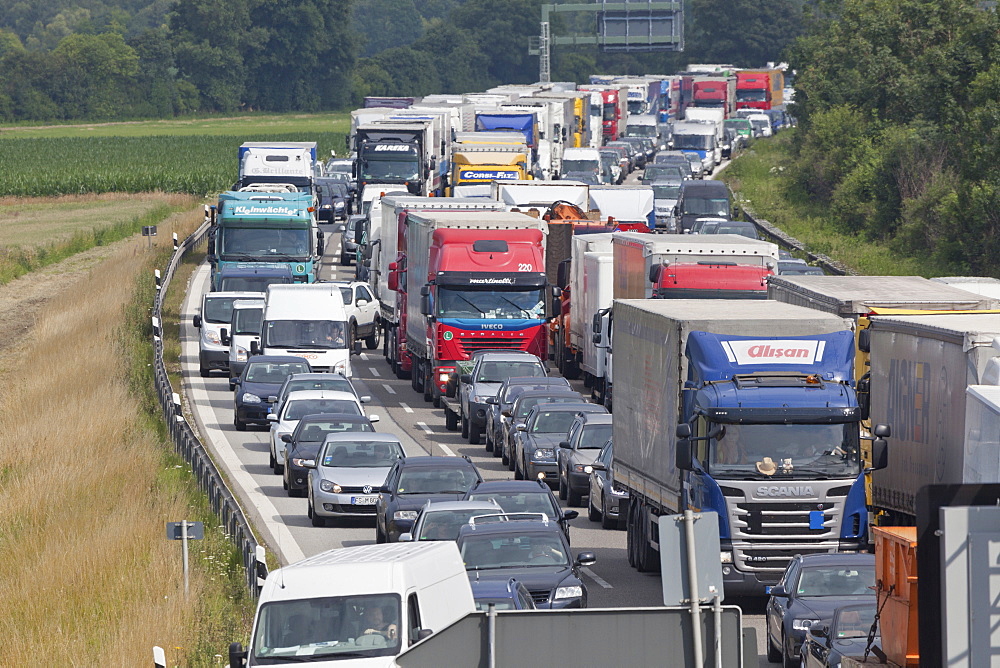 Traffic at a standstill on a German Autobahn, traffic jam, bavaria, Germany