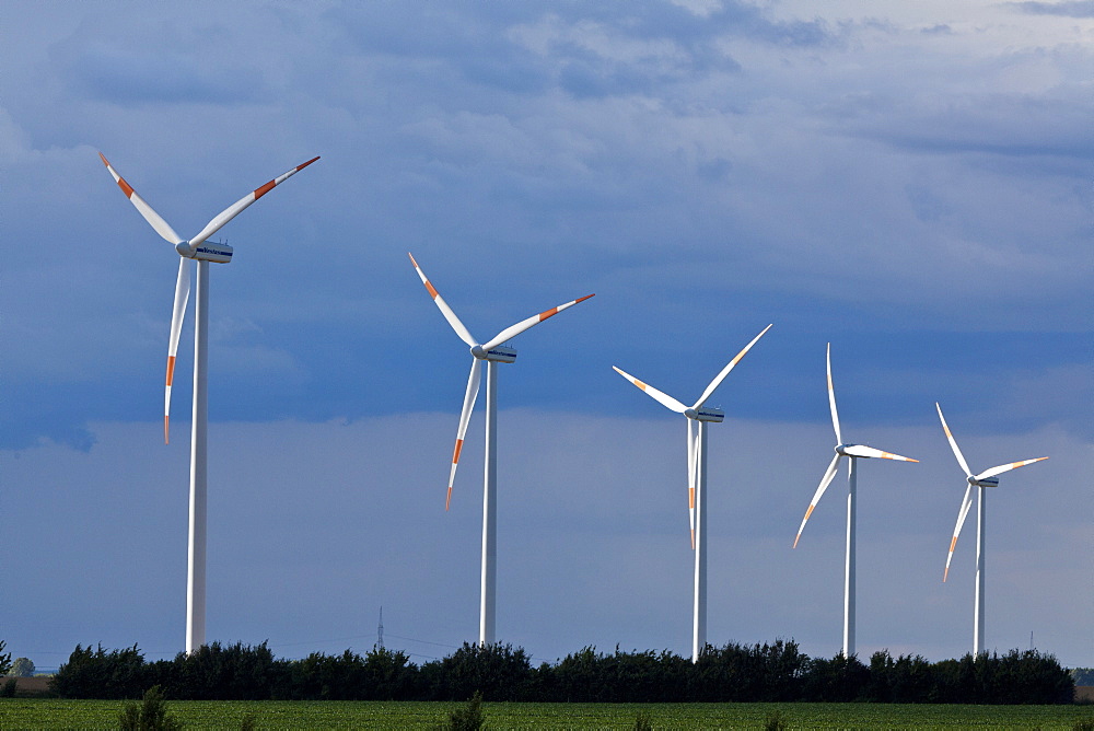 Wind turbines along the A2 Autobahn direction Berlin, Sachsen-Anhalt, Germany