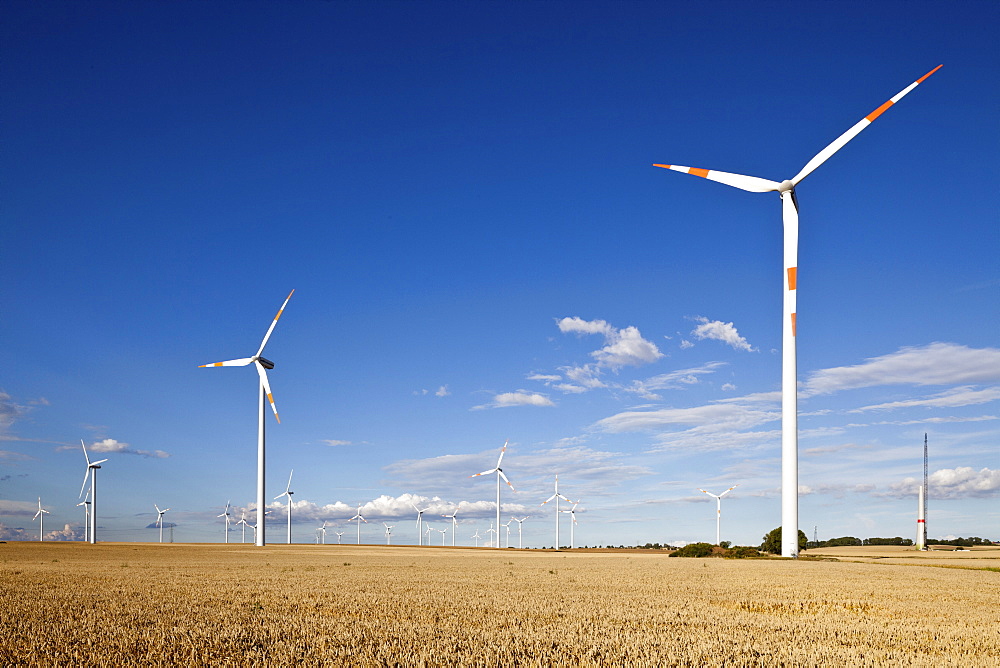 Wind turbines along the A2 Autobahn direction Berlin, Sachsen-Anhalt, Germany