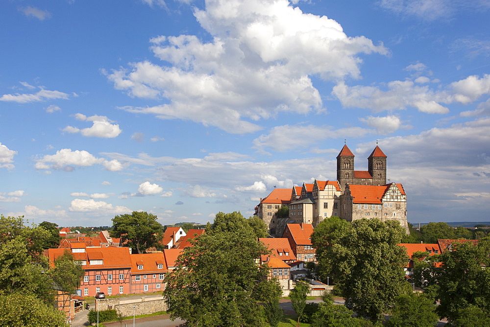 View to castle and church St Servatius, Quedlinburg, Harz mountains, Saxony-Anhalt, Germany, Europe