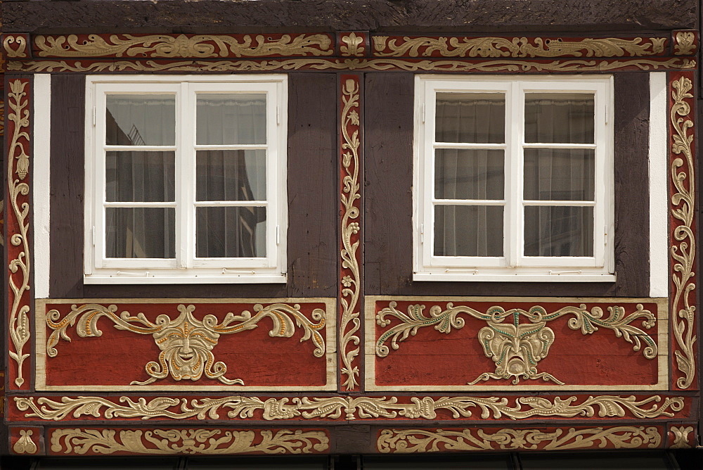 Carvings at a half timbered facade, Hamelin, Weser Hills, North Lower Saxony, Germany, Europe