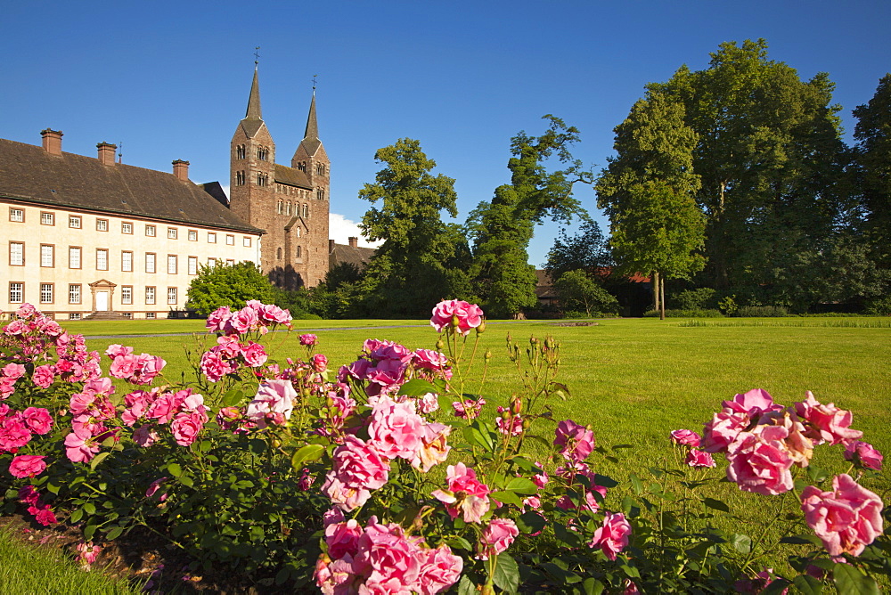 West wing of Corvey castle and westwork of the abbey, Hoexter, Weser Hills, North Rhine-Westphalia, Germany, Europe