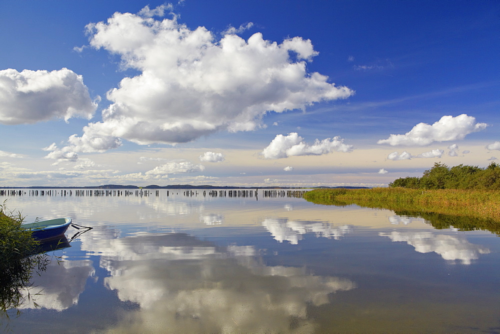 Reflection of clouds at Martinshafen near Neuhof, Grosser Jasmunder Bodden, Island of Ruegen, Mecklenburg Western Pomerania, Germany, Europe