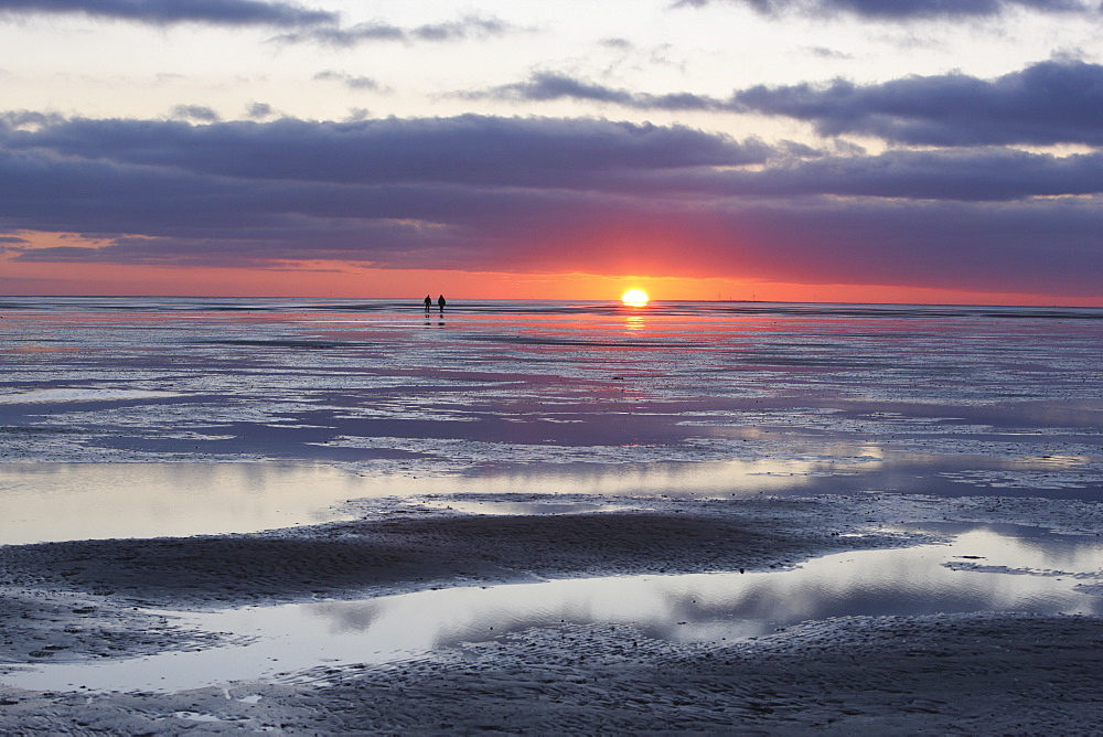 Sunset at Wadden Sea, Island of Juist, East Frisia, Lower Saxony, Germany, Europe