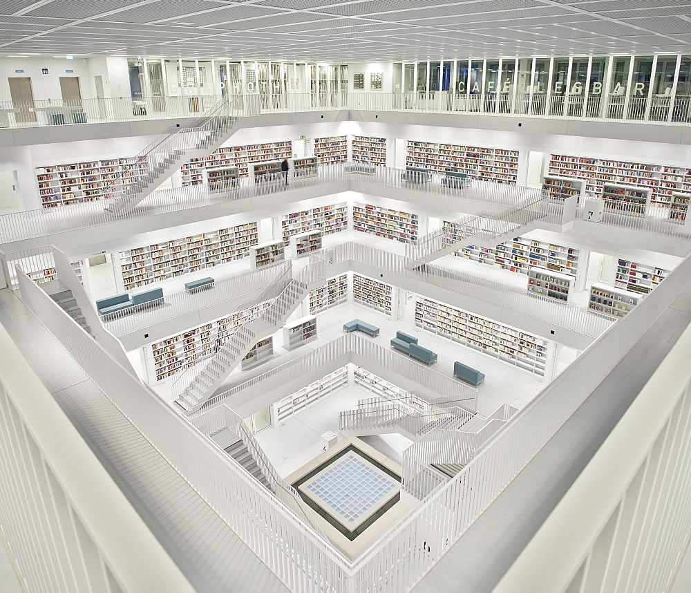 Interior view of the new public library Stuttgart, Baden-Wuerttemberg, Germany, Europe