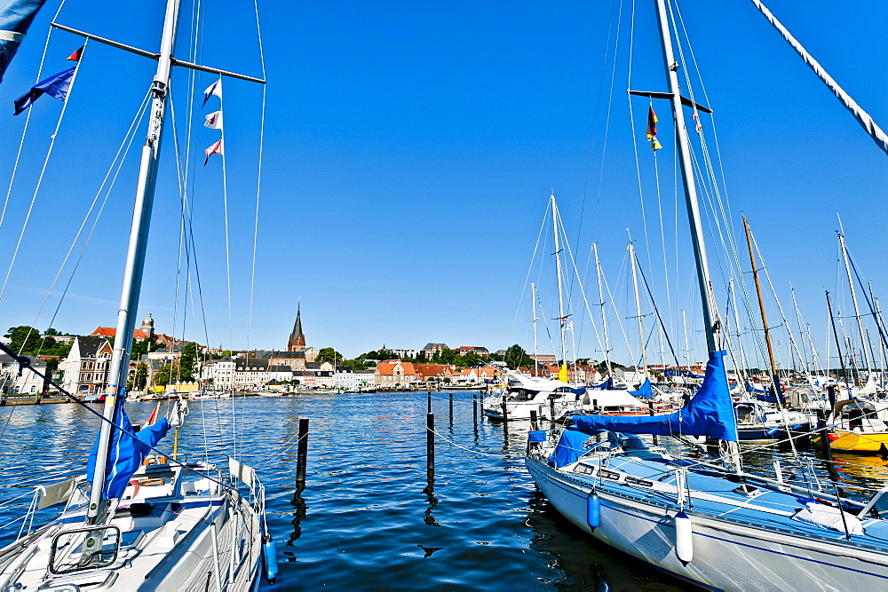 harbour and view to the old city of Flensburg, Flensburg Fjord, Baltic Sea, Schleswig-Holstein, Germany