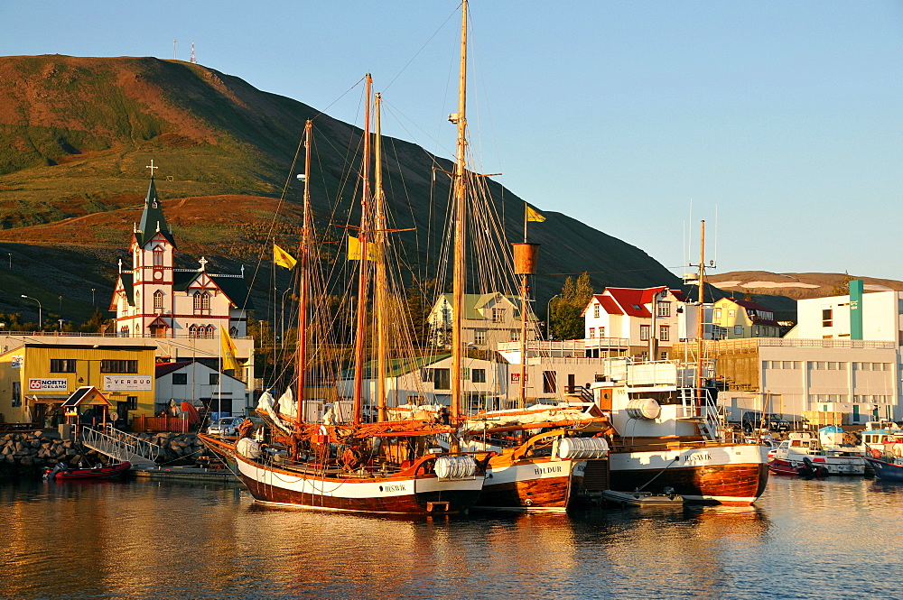 Sailing boats at harbour of Husavik, North Iceland, Europe