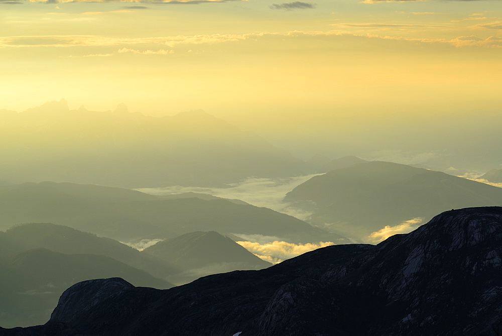 View towards the valley of Salzach and Dachstein range from Hochkoenig, Hochkoenig, Berchtesgaden range, Salzburg, Austria