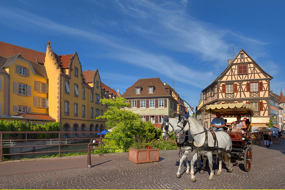 Horse drawn carriage in front of half timbered houses, Little Venice, Colmar, Alsace, France, Europe