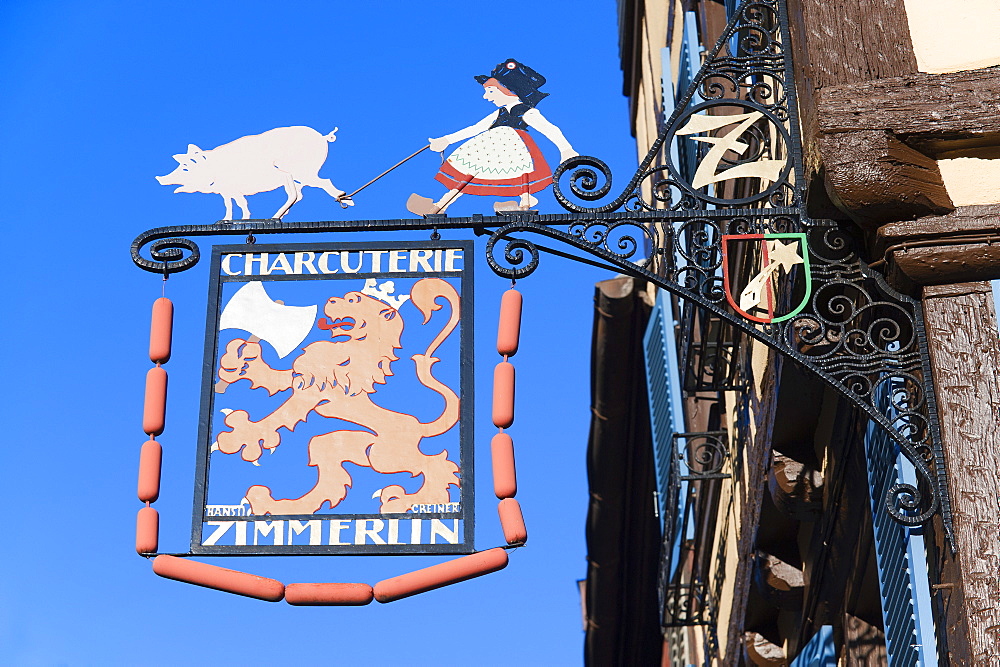 Sign of a butchery in the sunlight, Colmar, Alsace, France, Europe