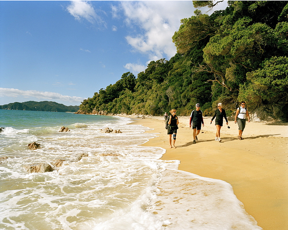 Hikers on Waiharakeke Beach in the sunlight, Abel Tasman National Park, North Coast, South Island, New Zealand