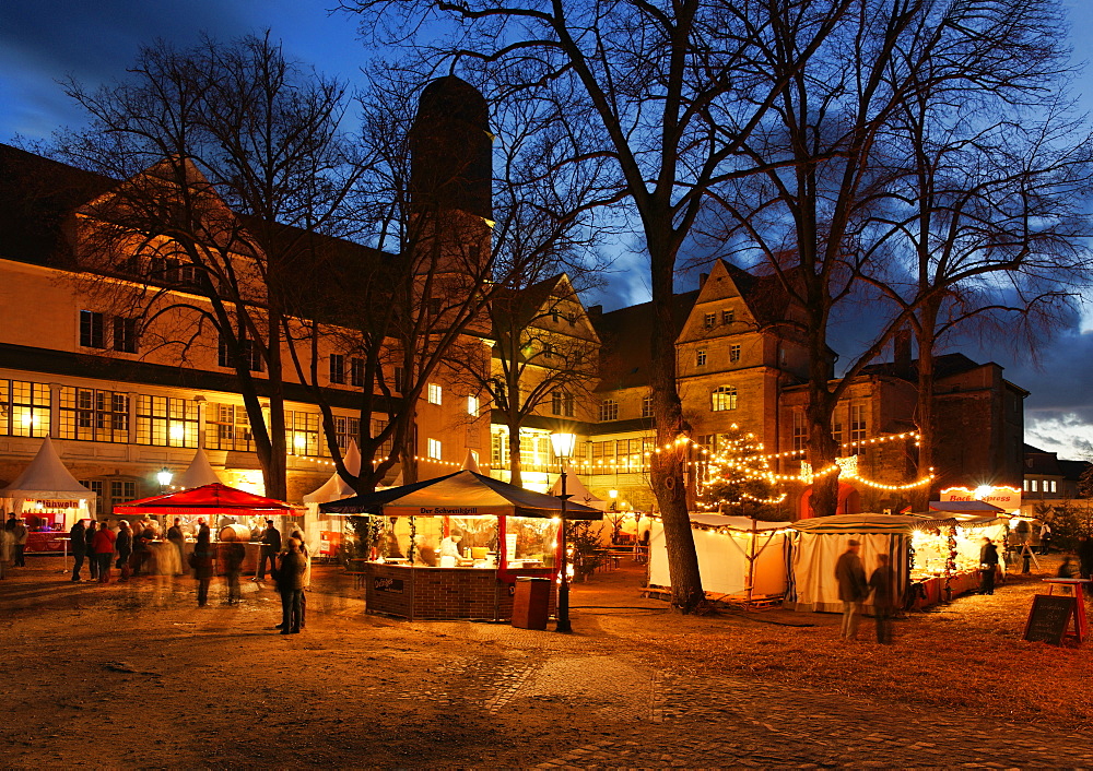 Christmas fair in front of Koethen castle at night, Saxony-Anhalt, Germany, Europe