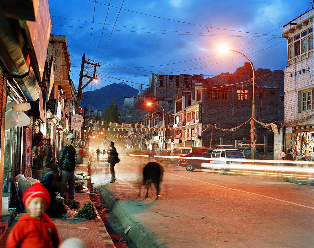 Farmer selling vegetables on the Main Bazar at main street below Royal Palace, Leh, Ladakh, Jammu and Kashmir, India