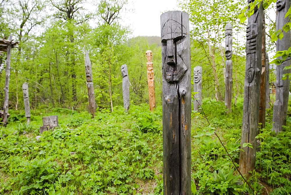 Wooden sculptures in a forest, aboriginal people, natives, Itelmens, Itelmen, Kamtschatka, Russia