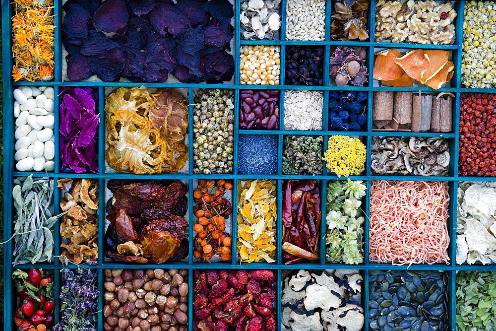 Dried flower blossoms, herbs and grains, food drying, desiccated food, homemade