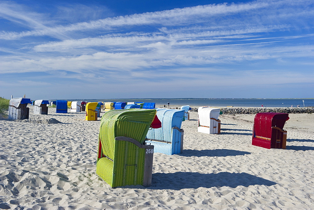 Colourful beachchairs on the beach, Utersum, Foehr, North Frisian Islands, Schleswig-Holstein, Germany, Europe