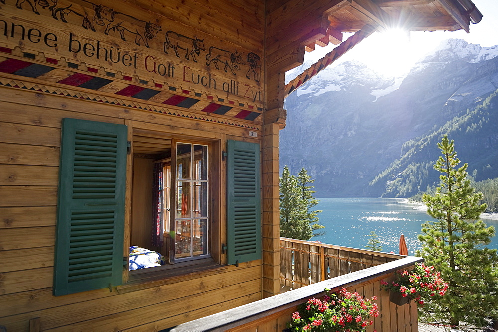 Chalet at lake Oeschinensee, Kandersteg, Bernese Oberland, Canton of Bern, Switzerland, Europe