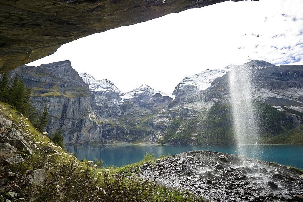 cascade and sun, Oeschinen Lake, Kandersteg, Bernese Oberland, Canton of Bern, Switzerland, Europe