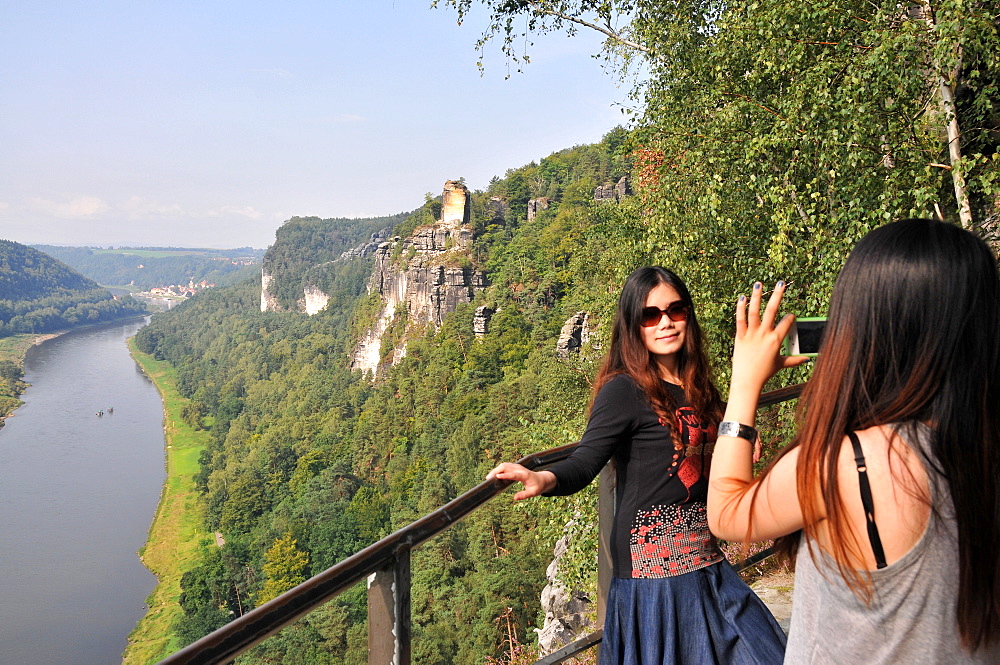 View of the Elbe river and Wehlen at the Bastei, Saxonien Switzerland, Saxony, Germany, Europe