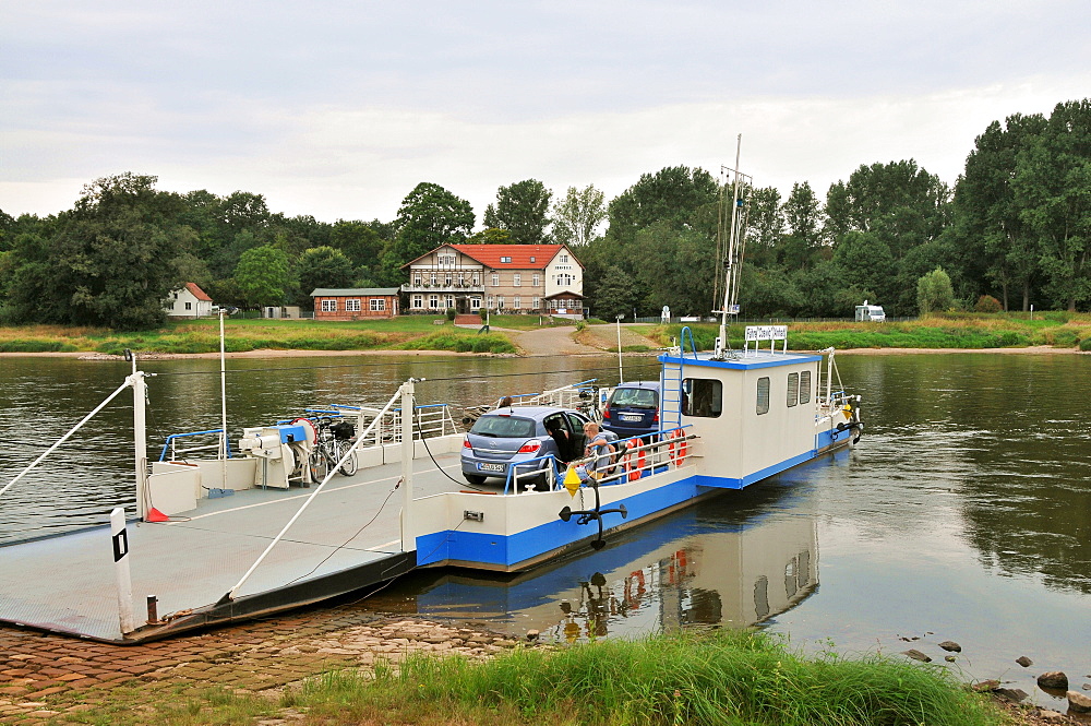 Ferry over the Elbe river at Coswig under clouded sky, Saxony-Anhalt, Germany, Europe