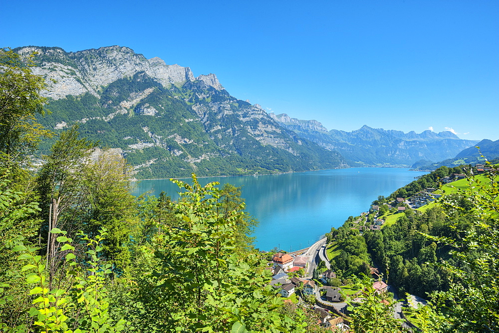 View of lake Walensee with Churfirsten mountains, St. Gallen, Switzerland, Europe