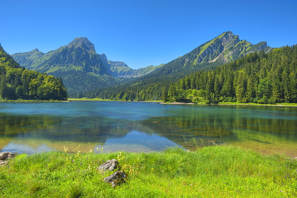 Lake Obersee with Brunnelistock mountain, Glarner Alps, Glarus, Switzerland, Europe