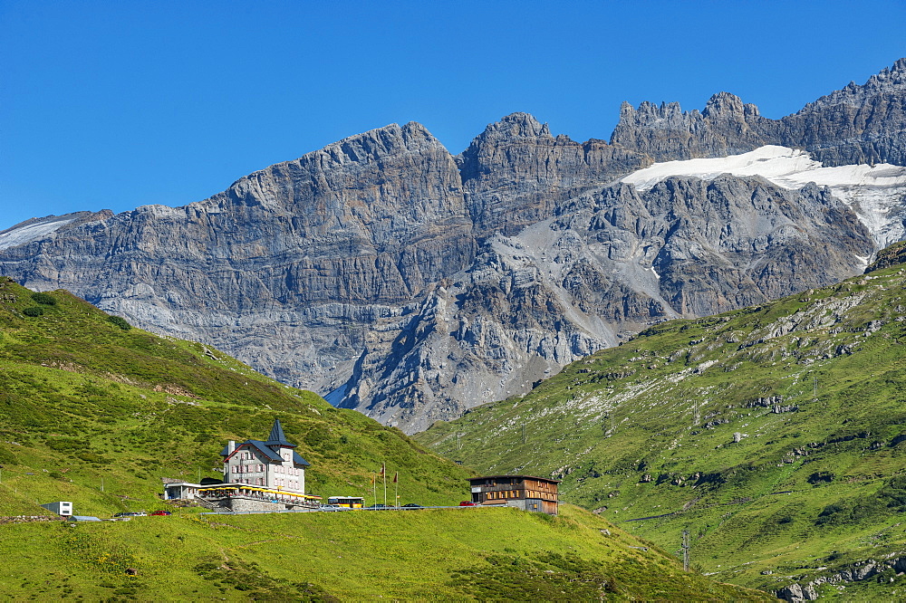 Klausenpass road with Hotel Passhoehe, Glarner Alps, Uri, Switzerland, Europe