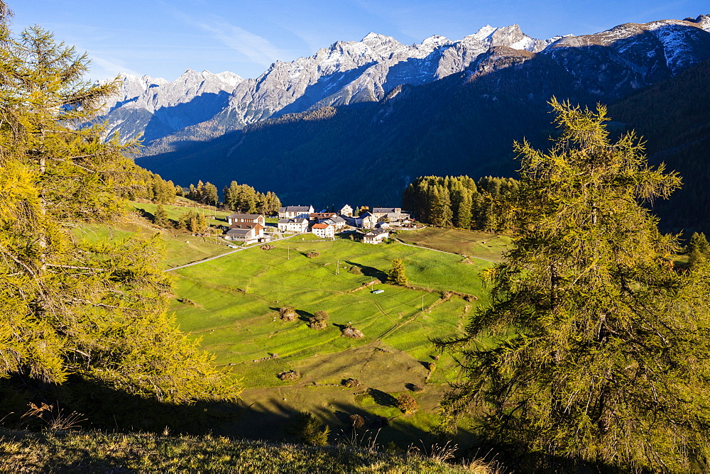 Little village Bos-cha at Engadin, Canton of Graubuenden, Grisons, Switzerland, Europe