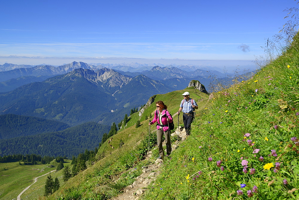 Two hikers walking along a hiking trail, Bavarian Alps and Rofan range in the background, Rotwand, Spitzing area, Bavarian Alps, Upper Bavaria, Bavaria, Germany