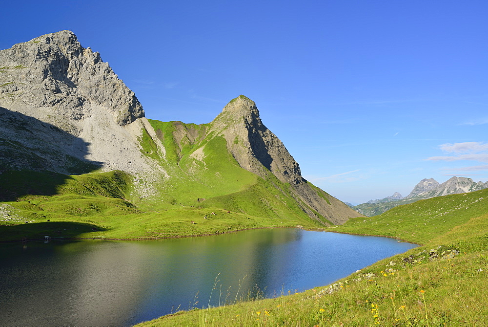 Lake Rappensee with Hochrappenkopf and Kleiner Rappenkopf, Allgaeu range, Upper Allgaeu, Allgaeu, Swabia, Bavaria, Germany