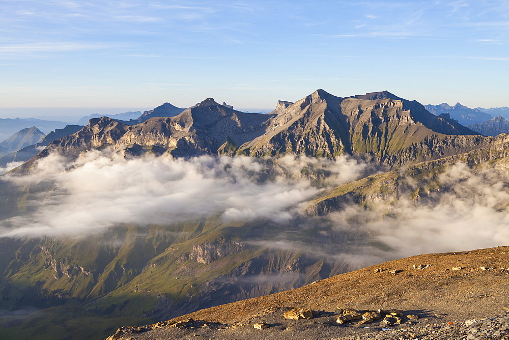 View from Blueemlisalp hut to Mounts Zahm Andrist and Wild Andrist, Hundshorn, Kiental, Bernese Oberland, Canton of Bern, Switzerland