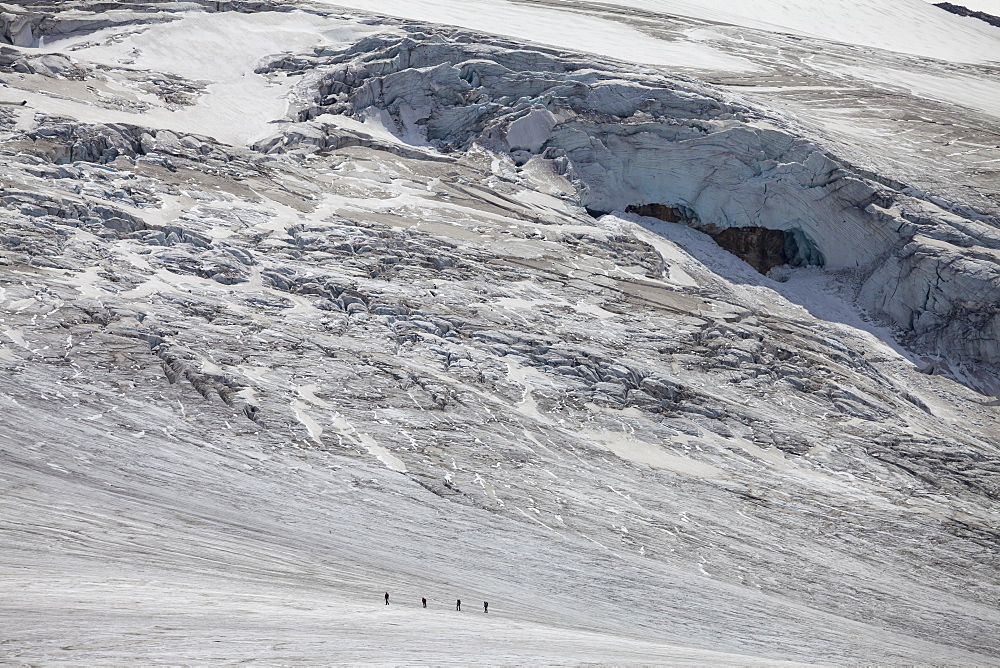 A roped party of four mountaineers ascending in front of crevasses on Kanderfirn glacier, Bernese Oberland, Canton of Bern, Switzerland