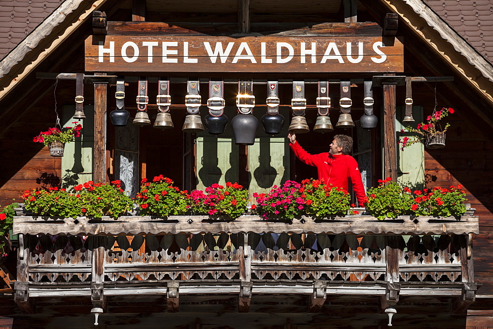 Cowbells on the balcony of Hotel Waldhaus, Gastern Valley, Bernese Oberland, Canton of Bern, Switzerland