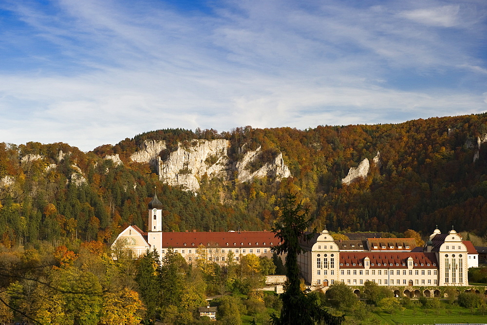 View of Beuron Archabbey, a major house of the Benedictine Order, Upper Danube Valley, Swabian Alp, Baden-Wuerttemberg, Germany, Europe