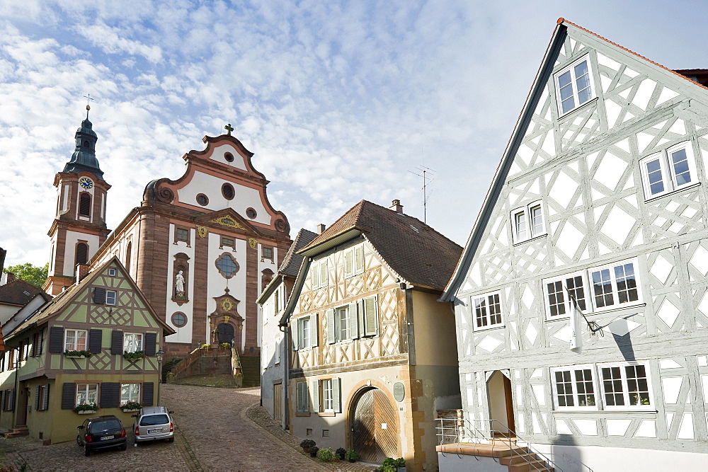 Church and half timbered houses at Ettenheim, baroque city, Ortenau, Black Forest, Baden-Wuerttemberg, Germany, Europe