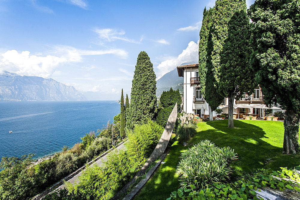 View to lake Garda from Bellevue San Lorenzo near Malcesine, Lago di Garda, Province of Verona, Northern Italy, Italy