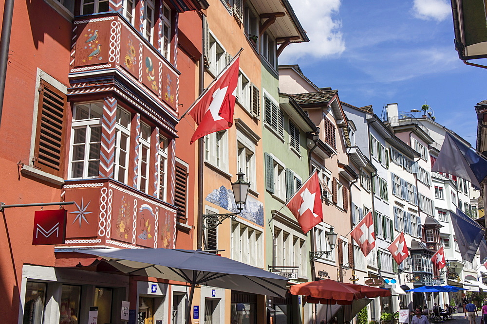 Old city center, Augustinergasse, swiss flaggs, Zurich, Switzerland