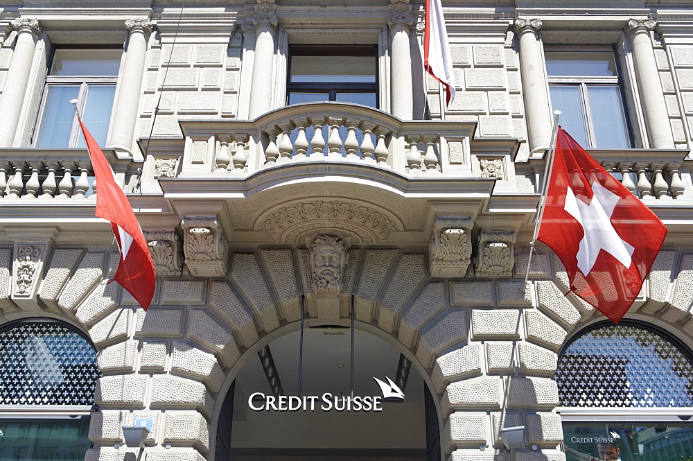 Bank Credit Suisse, Paradeplatz, UBS, Credit Suisse, Swiss flags, 1 August, national holyday, Zurich, Switzerland