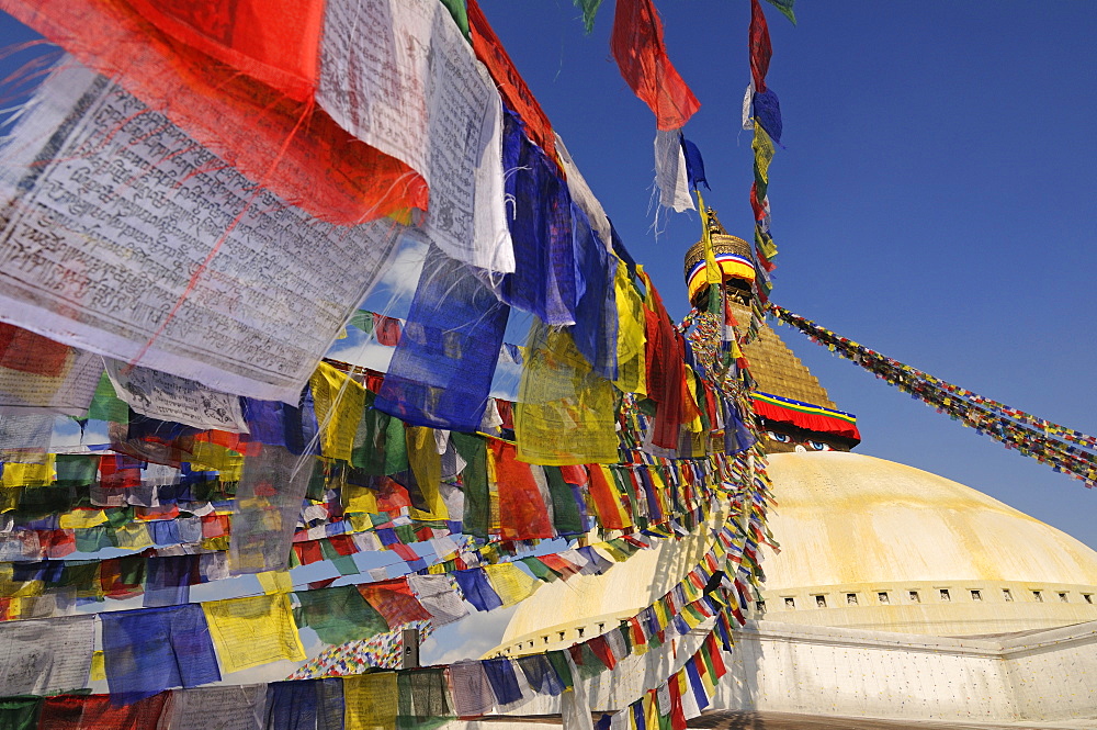 Prayer flags at Bodnath Stupa, Kathmandu, Kathmandu Valley, Nepal, Asia